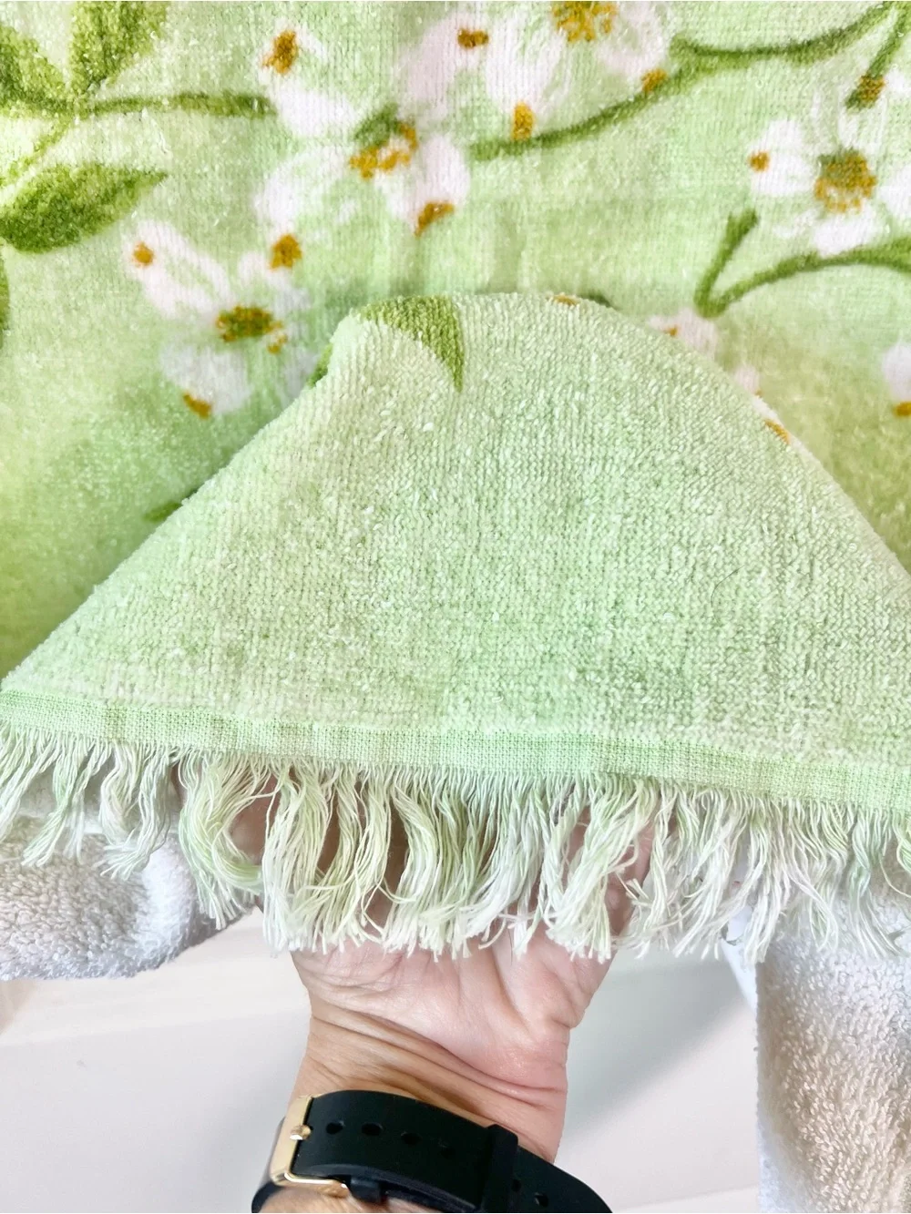 Vtg 1970s Martex MCM Green Dogwood Floral Fringe Bath Towel Retro Mid Century